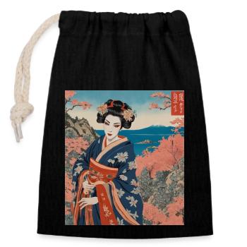 Traditional japanese woman in kimono on country background - Closable cotton gift bag (14x20cm) - black - Front
