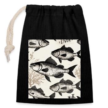 Japanese Style Fish Drawing - Closable cotton gift bag (14x20cm) - black - Front