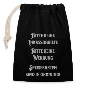 Bitte keine Werbung - Lustiger Spruch Inkasso - Verschließbarer Geschenkbeutel aus Baumwolle (14x20cm) - Schwarz - Vorne