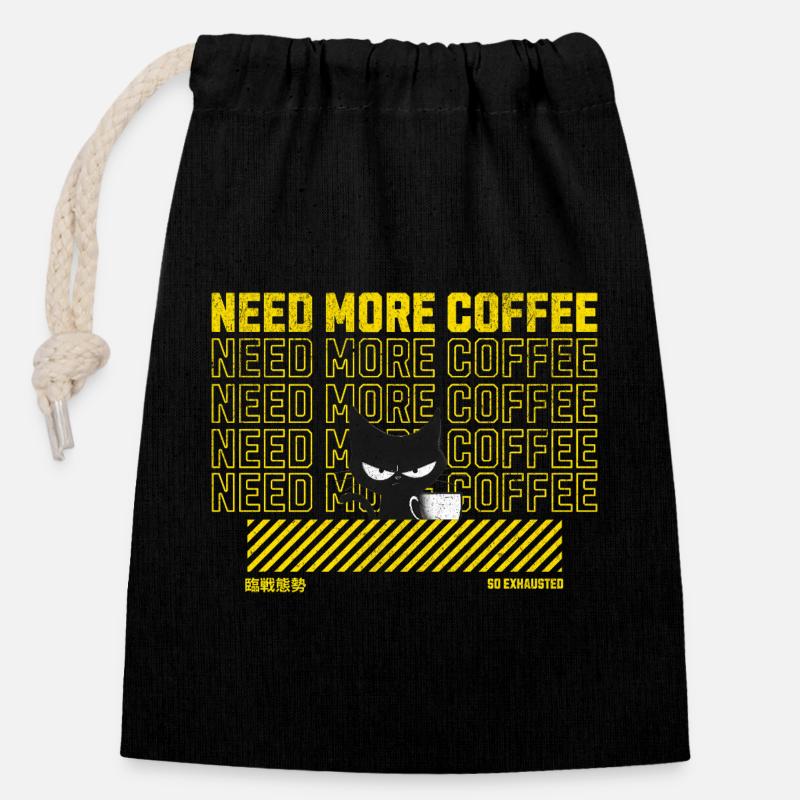 Schwarze Katze mit Kaffeetasse Illustration - Verschließbarer Geschenkbeutel aus Baumwolle (14x20cm) - Schwarz