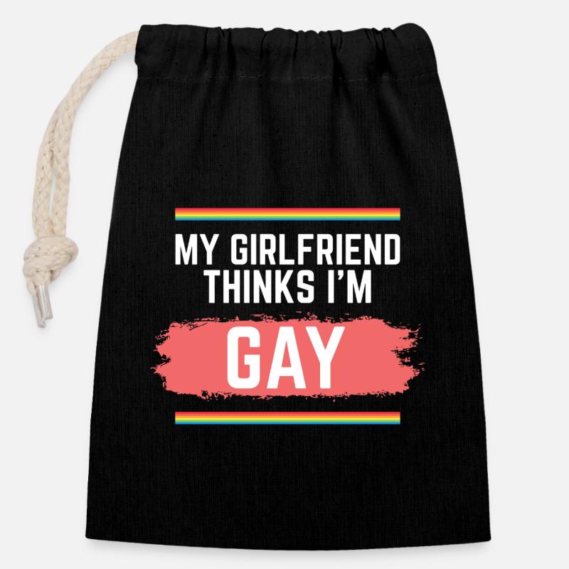 Pride Rainbow Ma copine pense que je suis gay - Sac cadeau en coton avec cordon (14 x 20 cm) - noir
