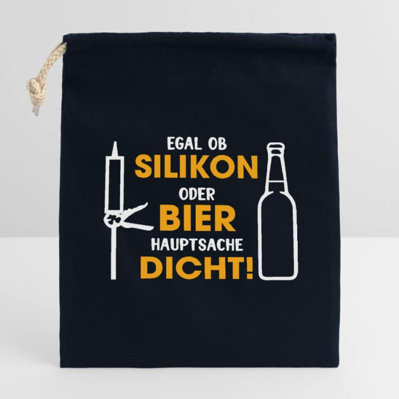 Silikon oder Bier – Hauptsache dicht Verschließbarer Geschenkbeutel aus Baumwolle (14x20cm)