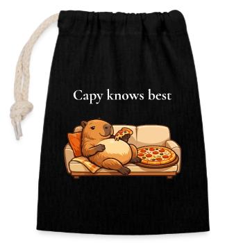 Capybara Mit Pizza Auf Sofa - Verschließbarer Geschenkbeutel aus Baumwolle (14x20cm) - Schwarz - Vorne