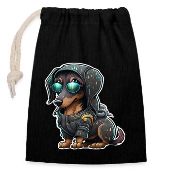 Futuristic Cyber Dachshund - Closable cotton gift bag (14x20cm) - black - Front