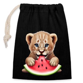 Un bébé lion mange de la pastèque - Sac cadeau en coton avec cordon (14 x 20 cm) - noir - Devant