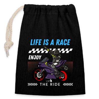 Life is a race, enjoy the ride - Closable cotton gift bag (14x20cm) - black - Front