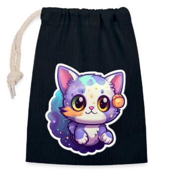« Cosmic Kitty Adventure! » - Sac cadeau en coton avec cordon (14 x 20 cm) - bleu marine - Devant