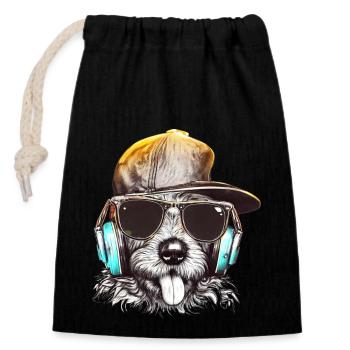 DJ Woof: Cooler Hund legt Tunes auf - Verschließbarer Geschenkbeutel aus Baumwolle (14x20cm) - Schwarz - Vorne