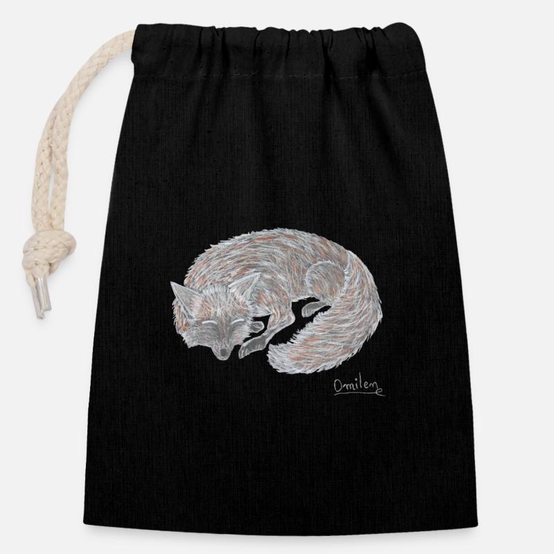 Le renard dort - Sac cadeau en coton avec cordon (14 x 20 cm) - noir