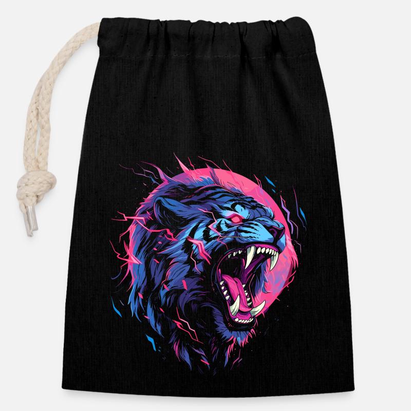 Synthwave Tiger - Verschließbarer Geschenkbeutel aus Baumwolle (14x20cm) - Schwarz