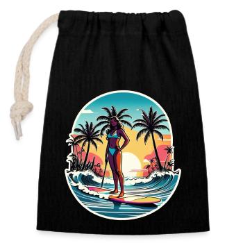 Surfen Strand Palme Sonnenschein Urlaub - Verschließbarer Geschenkbeutel aus Baumwolle (14x20cm) - Schwarz - Vorne