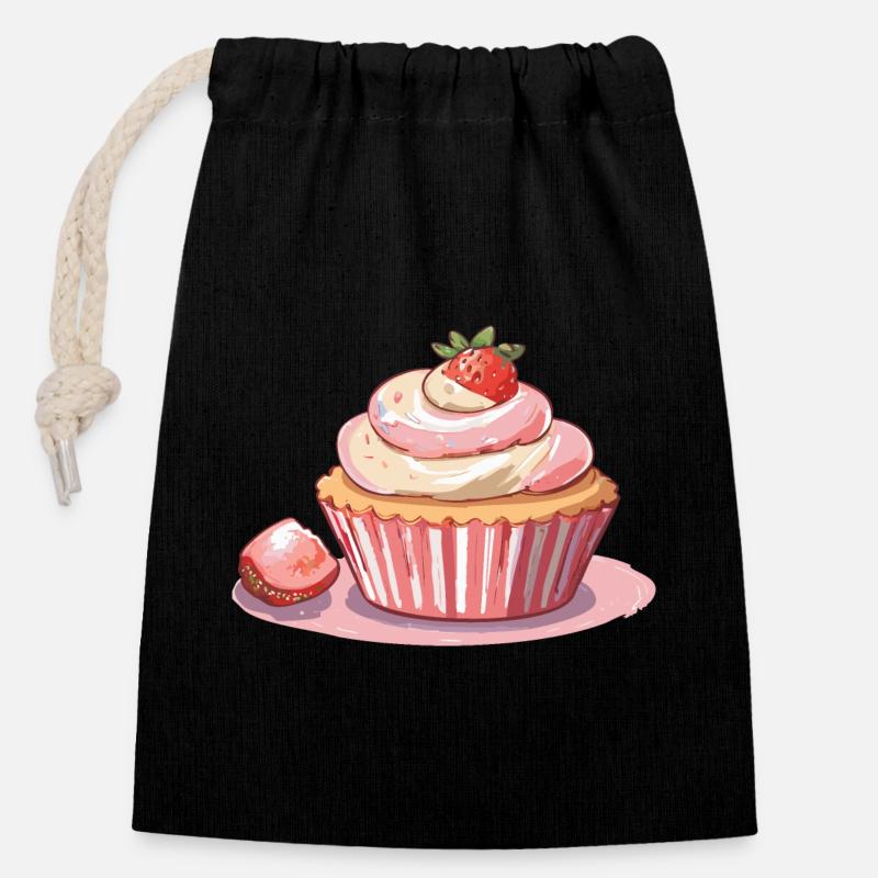 Cupcake Fraise - Sac cadeau en coton avec cordon (14 x 20 cm) - noir
