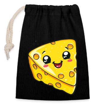 Kawaii cheese piece with funny face - Closable cotton gift bag (14x20cm) - black - Front