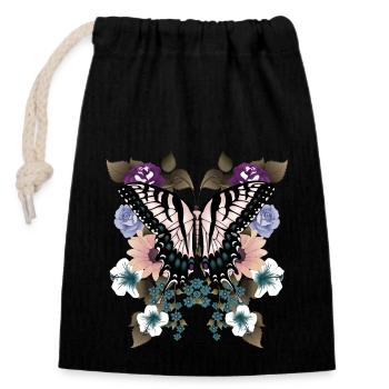 Butterfly dovetail with flowers - Closable cotton gift bag (14x20cm) - black - Front
