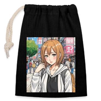 Anime-Figur auf der Straße der Stadt - Verschließbarer Geschenkbeutel aus Baumwolle (14x20cm) - Schwarz - Vorne
