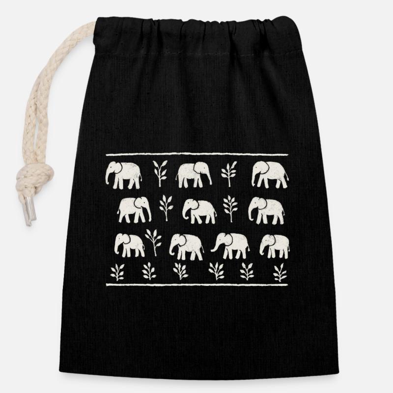 Éléphants et feuillages noir et blanc répétitif - Sac cadeau en coton avec cordon (14 x 20 cm) - noir