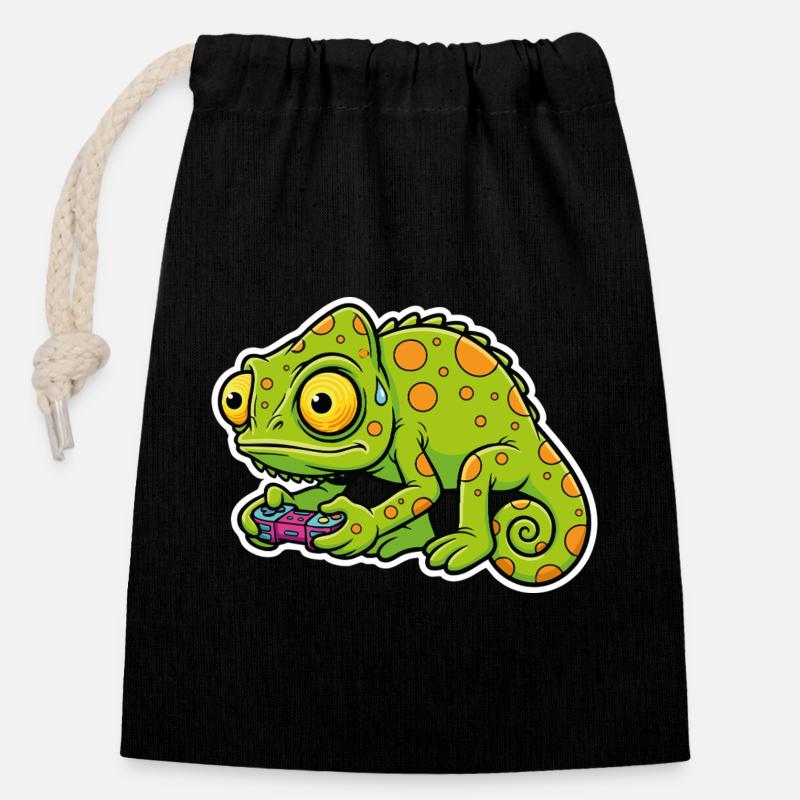Chameleon Gamer Controller Videospiel-Maskottchen - Verschließbarer Geschenkbeutel aus Baumwolle (14x20cm) - Schwarz