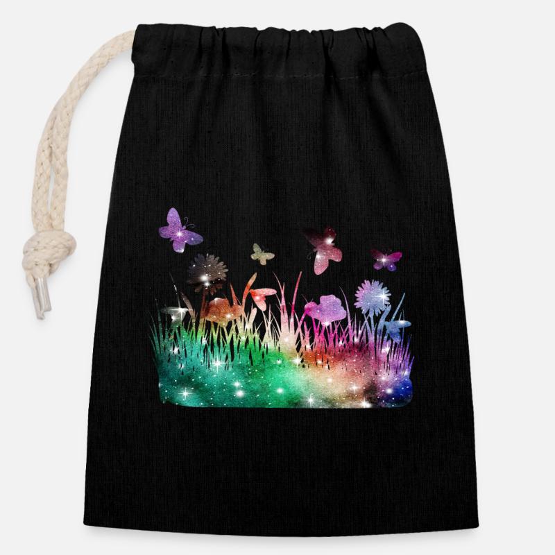 Blumenwiese Galaxie Garten Schmetterlinge - Verschließbarer Geschenkbeutel aus Baumwolle (14x20cm) - Schwarz