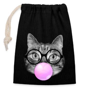 Chat portant des lunettes de lecture et du bubble gum rose - Sac cadeau en coton avec cordon (14 x 20 cm) - noir - Devant