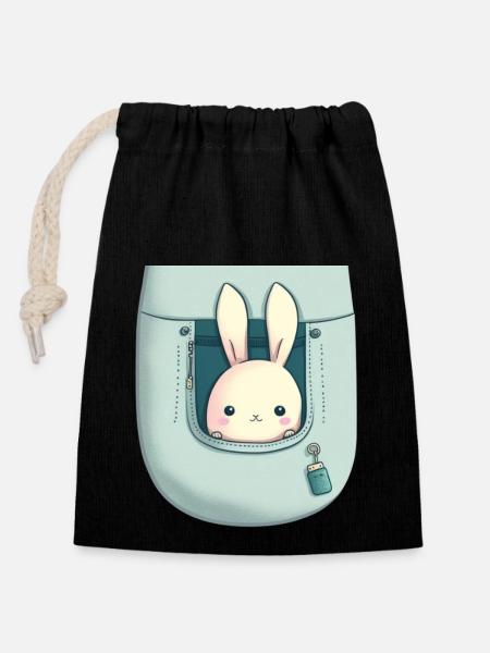 lapin kawaii! - Sac cadeau en coton avec cordon (14 x 20 cm) - noir