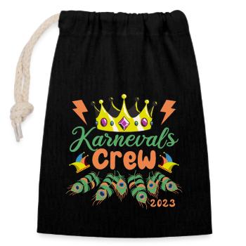 Karnevals Crew 2023 | Krone und Pfauenfedern - Verschließbarer Geschenkbeutel aus Baumwolle (14x20cm) - Schwarz - Vorne