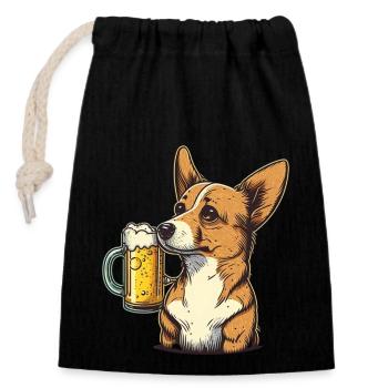 Shiba et bière. Motif amusant pour les amoureux des chiens - Sac cadeau en coton avec cordon (14 x 20 cm) - noir - Devant