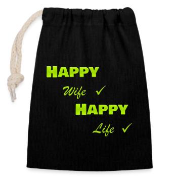 Femme heureuse - Vie heureuse - Design amusant - Sac cadeau en coton avec cordon (14 x 20 cm) - noir - Devant