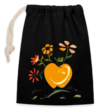 Apfel, Blumengruß - Verschließbarer Geschenkbeutel aus Baumwolle (14x20cm) - Schwarz - Vorne
