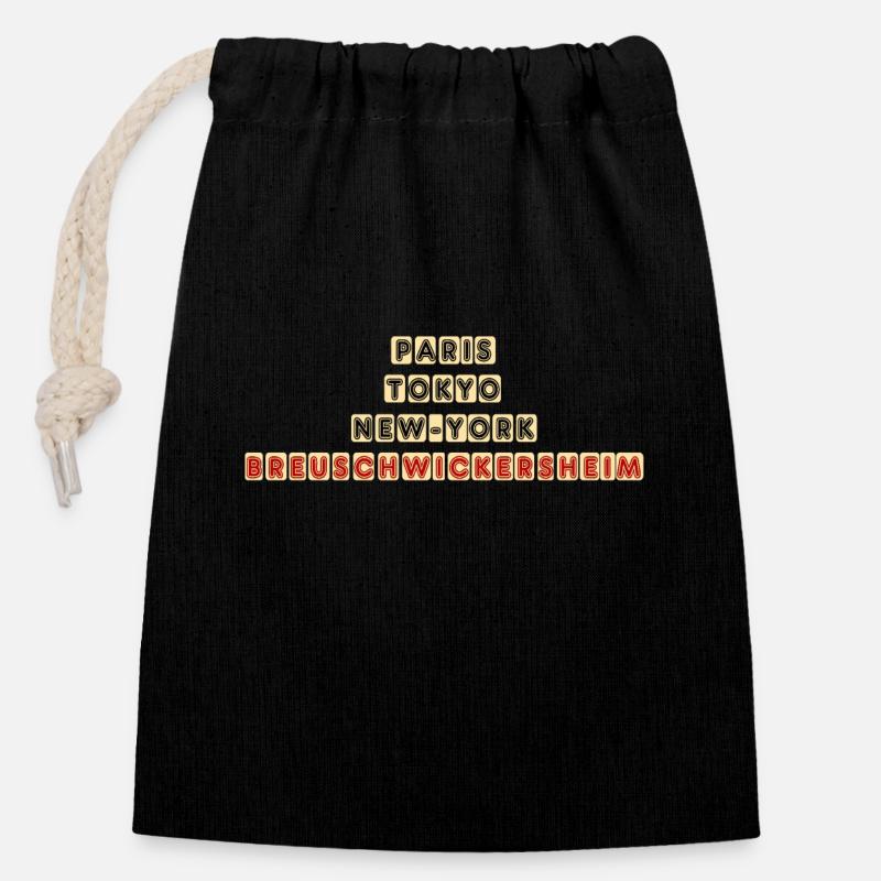 Paris Tokyo New-York Breuschwickersheim - Sac cadeau en coton avec cordon (14 x 20 cm) - noir