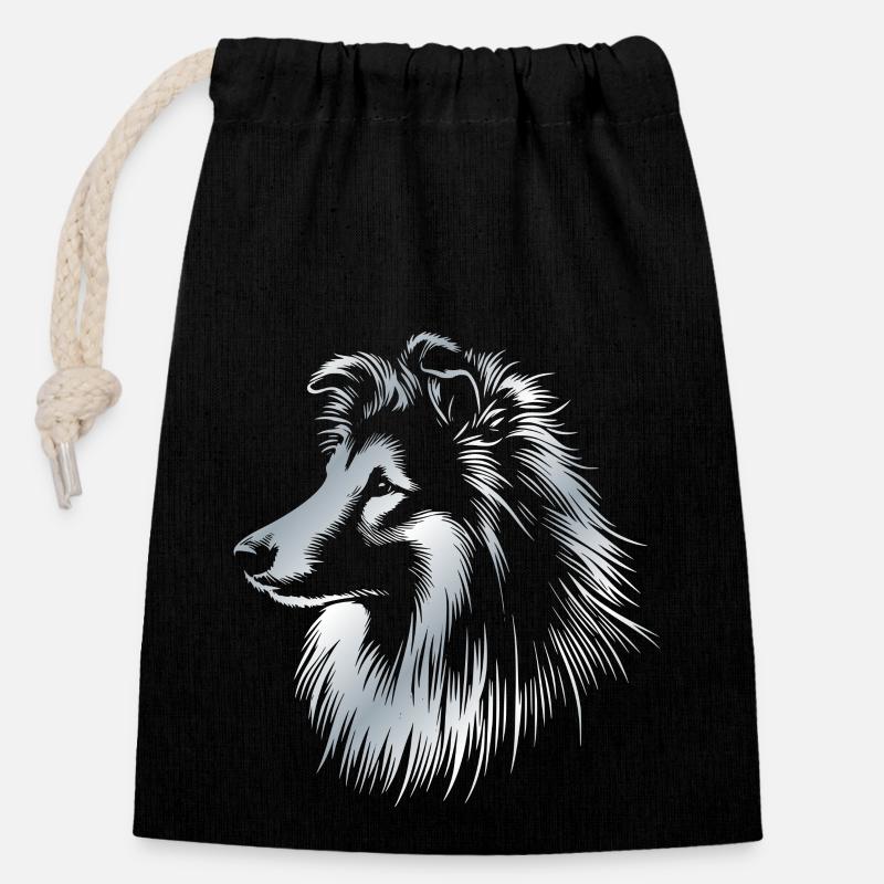 Sheltie | Shetland Sheepdog Hundekopf silber - Verschließbarer Geschenkbeutel aus Baumwolle (14x20cm) - Schwarz