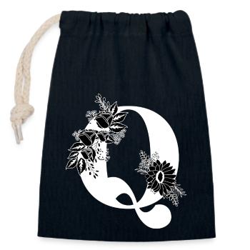 Lettre q floral noir et blanc - Sac cadeau en coton avec cordon (14 x 20 cm) - bleu marine - Devant