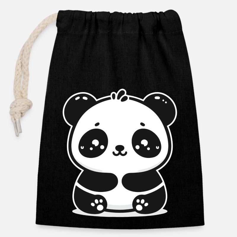 Pippin le panda espiègle : votre compagnon câlin - Sac cadeau en coton avec cordon (14 x 20 cm) - noir