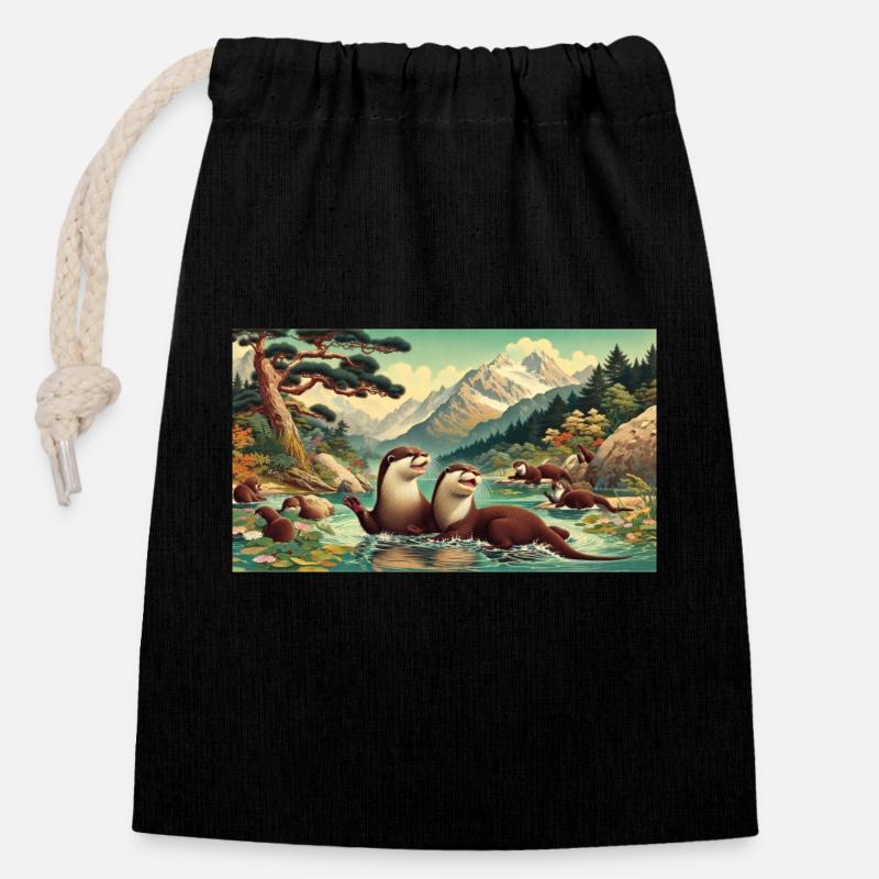 Laughing otters - Sac cadeau en coton avec cordon (14 x 20 cm) - noir