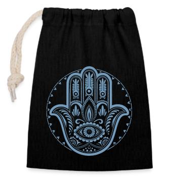 Hamsa - Hand der Fatima - Schutz und Segen - Verschließbarer Geschenkbeutel aus Baumwolle (14x20cm) - Schwarz - Vorne