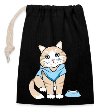 Chat mignon avec bol - Sac cadeau en coton avec cordon (14 x 20 cm) - noir - Devant
