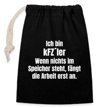 Motor vehicle saying: Work is just beginning - Closable cotton gift bag (14x20cm) - black - Front