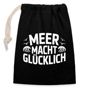  Meer Macht Glücklich Spruch Für Strandurlauber - Verschließbarer Geschenkbeutel aus Baumwolle (14x20cm) - Schwarz - Vorne