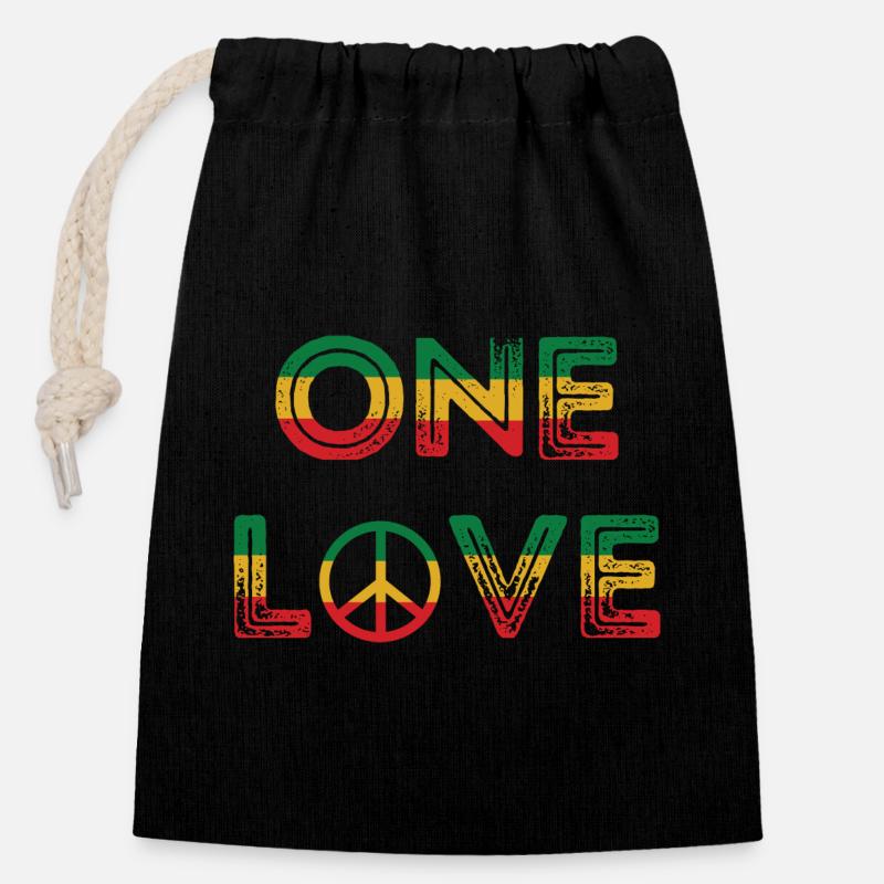 One Love Reggae Peace - Sac cadeau en coton avec cordon (14 x 20 cm) - noir