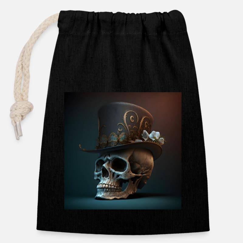 Crâne Noir Vintage - Sac cadeau en coton avec cordon (14 x 20 cm) - noir