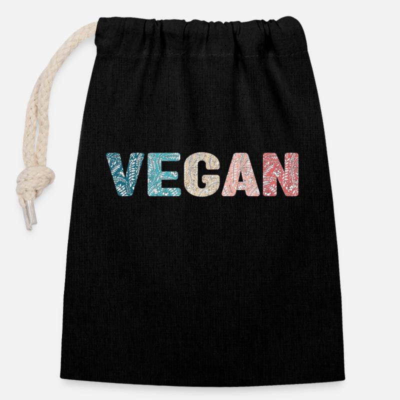 Vegan - botanical pattern - couleur vacances - Sac cadeau en coton avec cordon (14 x 20 cm) - noir