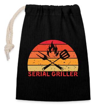 Serial Griller Retro BBQ Design - Closable cotton gift bag (14x20cm) - black - Front