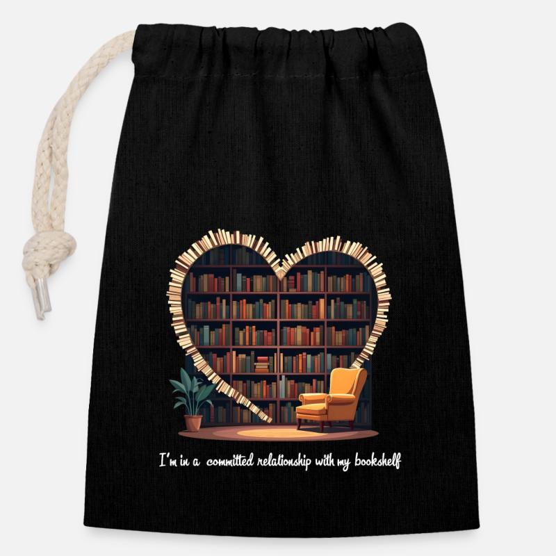 Je suis dans une relation engagée avec ma bibliothèque - Sac cadeau en coton avec cordon (14 x 20 cm) - noir