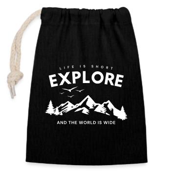 Explore Adventure Zitat - Verschließbarer Geschenkbeutel aus Baumwolle (14x20cm) - Schwarz - Vorne