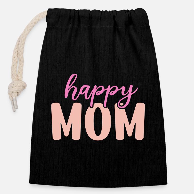 Maman heureuse - Sac cadeau en coton avec cordon (14 x 20 cm) - noir