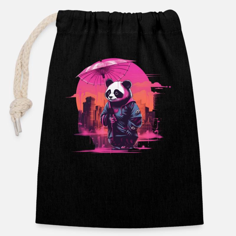 Synthwave Mignon Panda asiatique avec parapluie - Sac cadeau en coton avec cordon (14 x 20 cm) - noir
