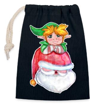 Kawaii Santa & Elf - Verschließbarer Geschenkbeutel aus Baumwolle (14x20cm) - Navy - Vorne