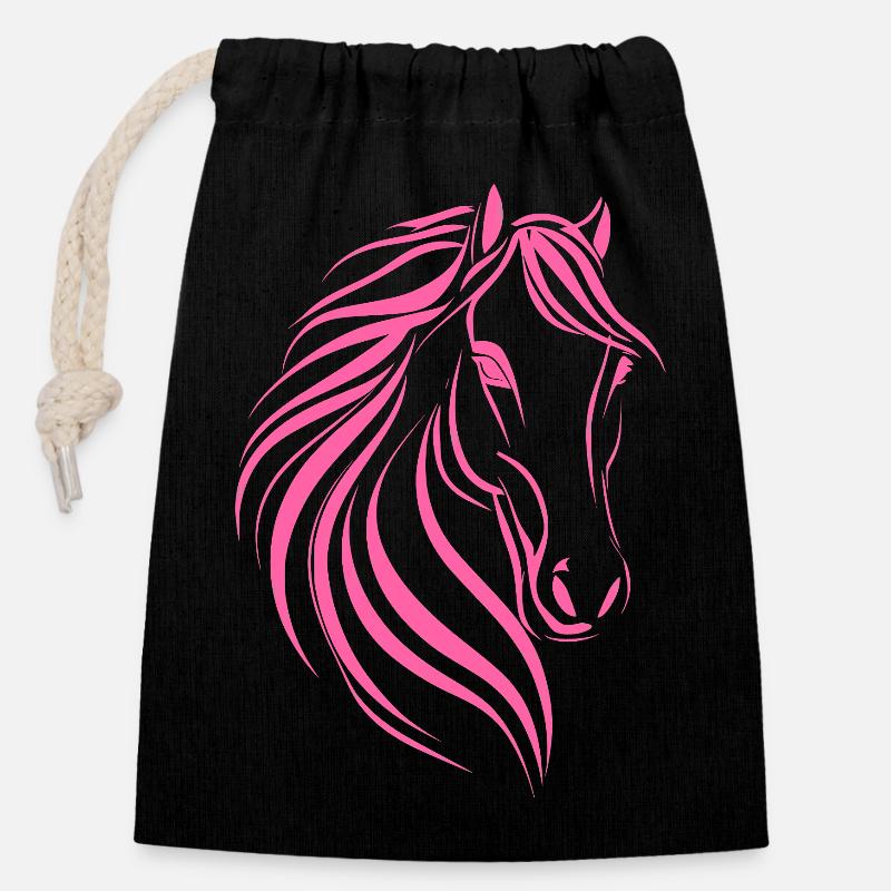 Dessin délicat de cheval - Sac cadeau en coton avec cordon (14 x 20 cm) - noir