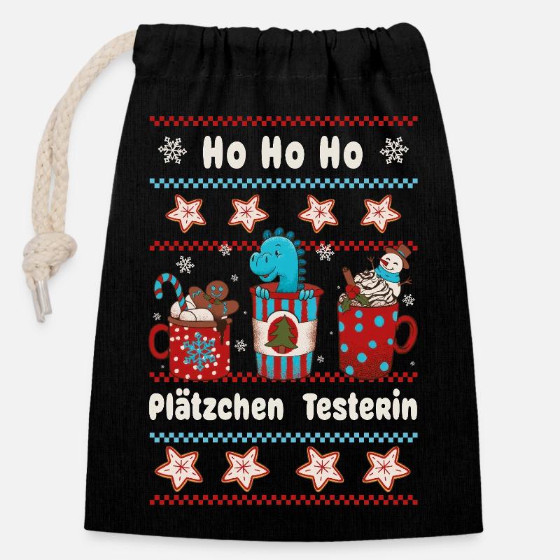Hohoho Plätzchen Testerin Weihnachten mit Dino - Verschließbarer Geschenkbeutel aus Baumwolle (14x20cm) - Schwarz