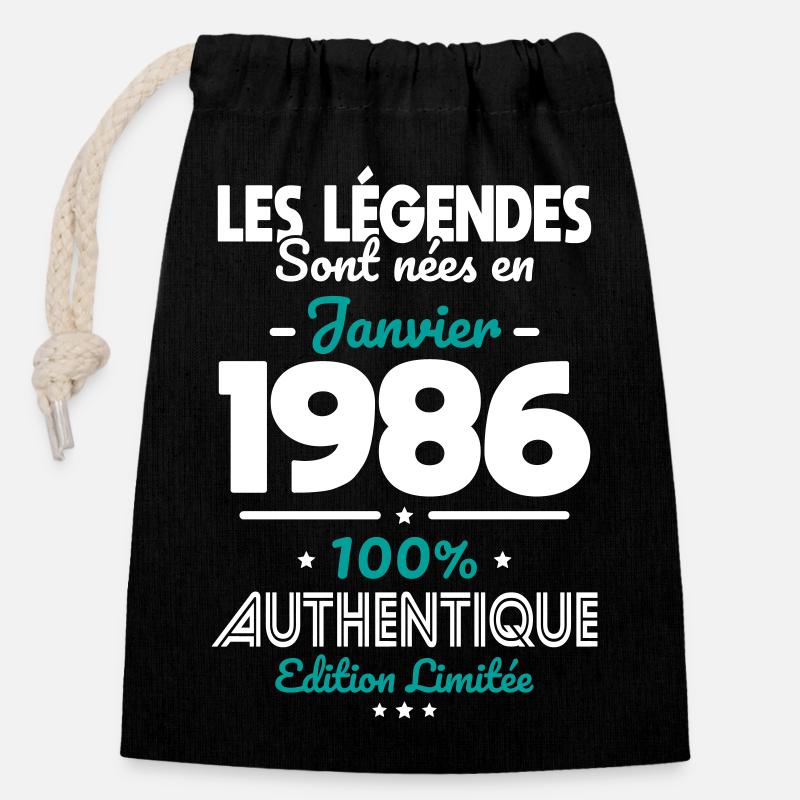 Anniversaire 40 ans - Légendes nées Janvier 1986 - Sac cadeau en coton avec cordon (14 x 20 cm) - noir