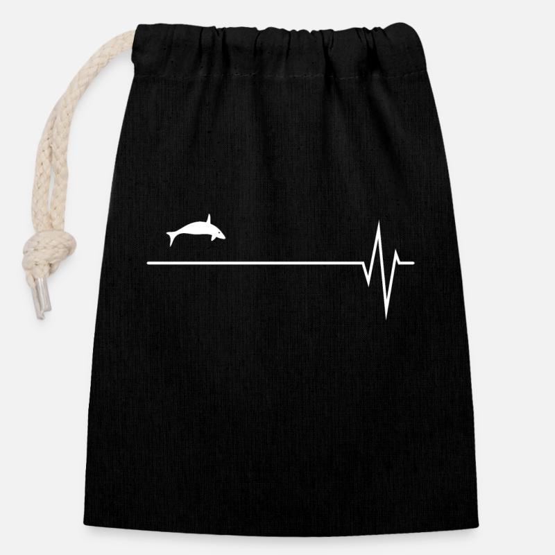 Whale Orca Heartbeat Pulse Motif - Closable cotton gift bag (14x20cm) - black